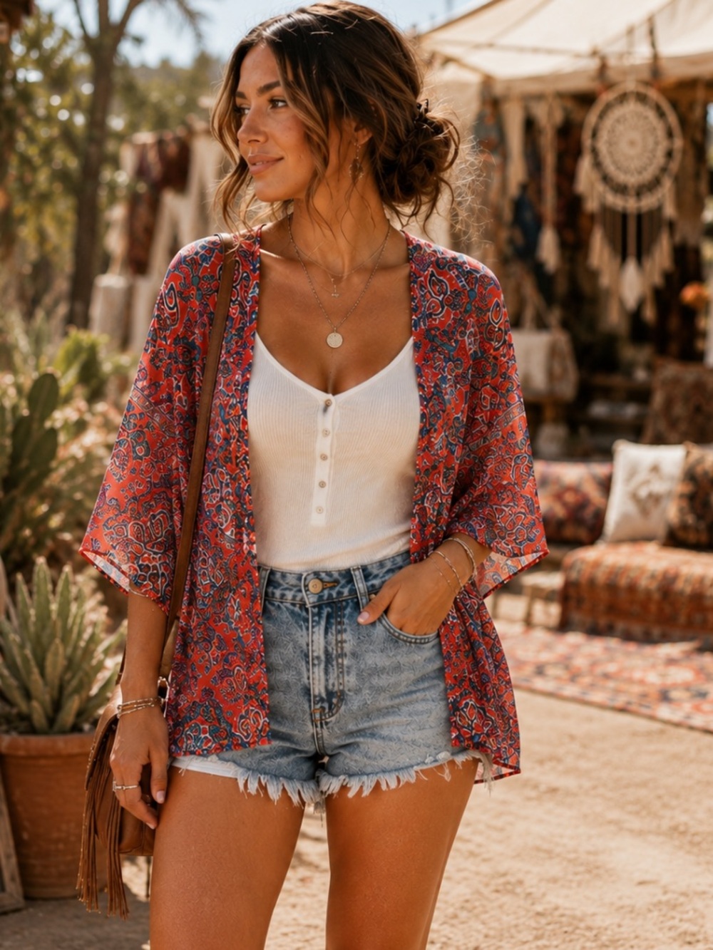 Feathers by Tolani Geometric Mosaic Open Front Tunic Kimono Boho Red OS